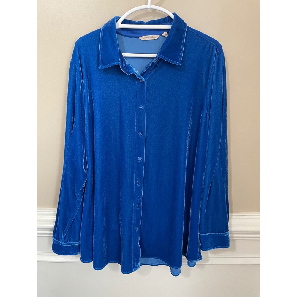 Soft Surroundings Blue Velvet Button Down Shirt Long Sleeve Womens Size 1X